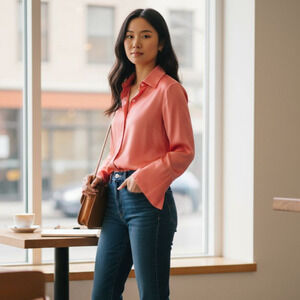 Vintage Finley USA Salmon Silk Long Sleeve Tie Sleeve Abalone Buttons Blouse LG